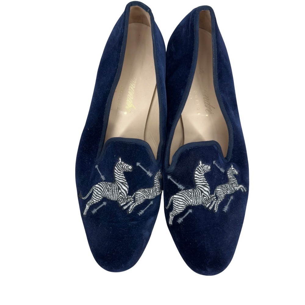 Stubbs & Wootton Navy Velvet Zebra Embroidered Smoking Slippers Loafers Size 12